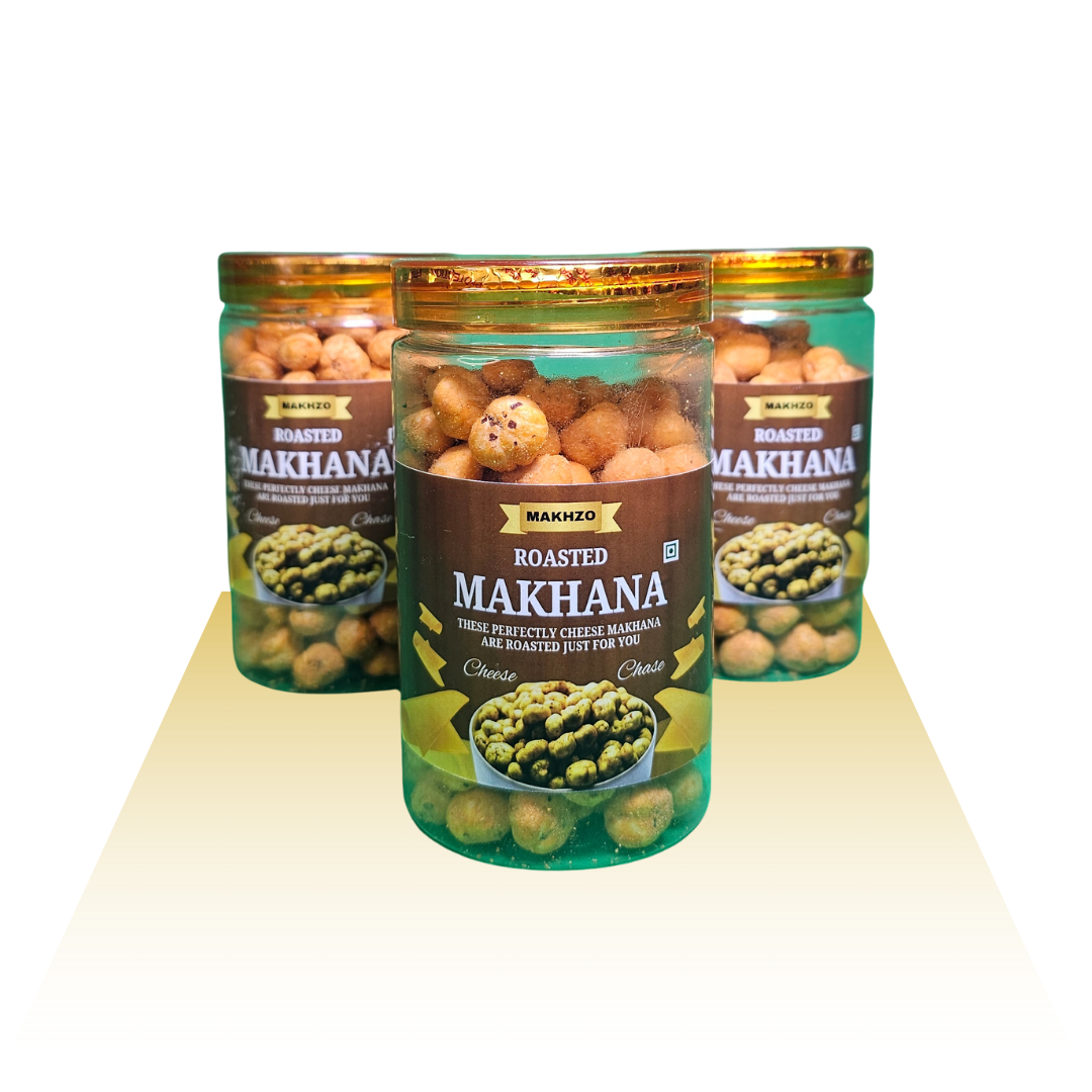 Makhzo Cheese Chase Roasted Makhana | Cheesy Fox Nuts Snack | Roasted in Olive Oil | Gluten Free | Cholesterol Free | High Protein & Fibre | Healthy Namkeen Alternative | 100g Jar